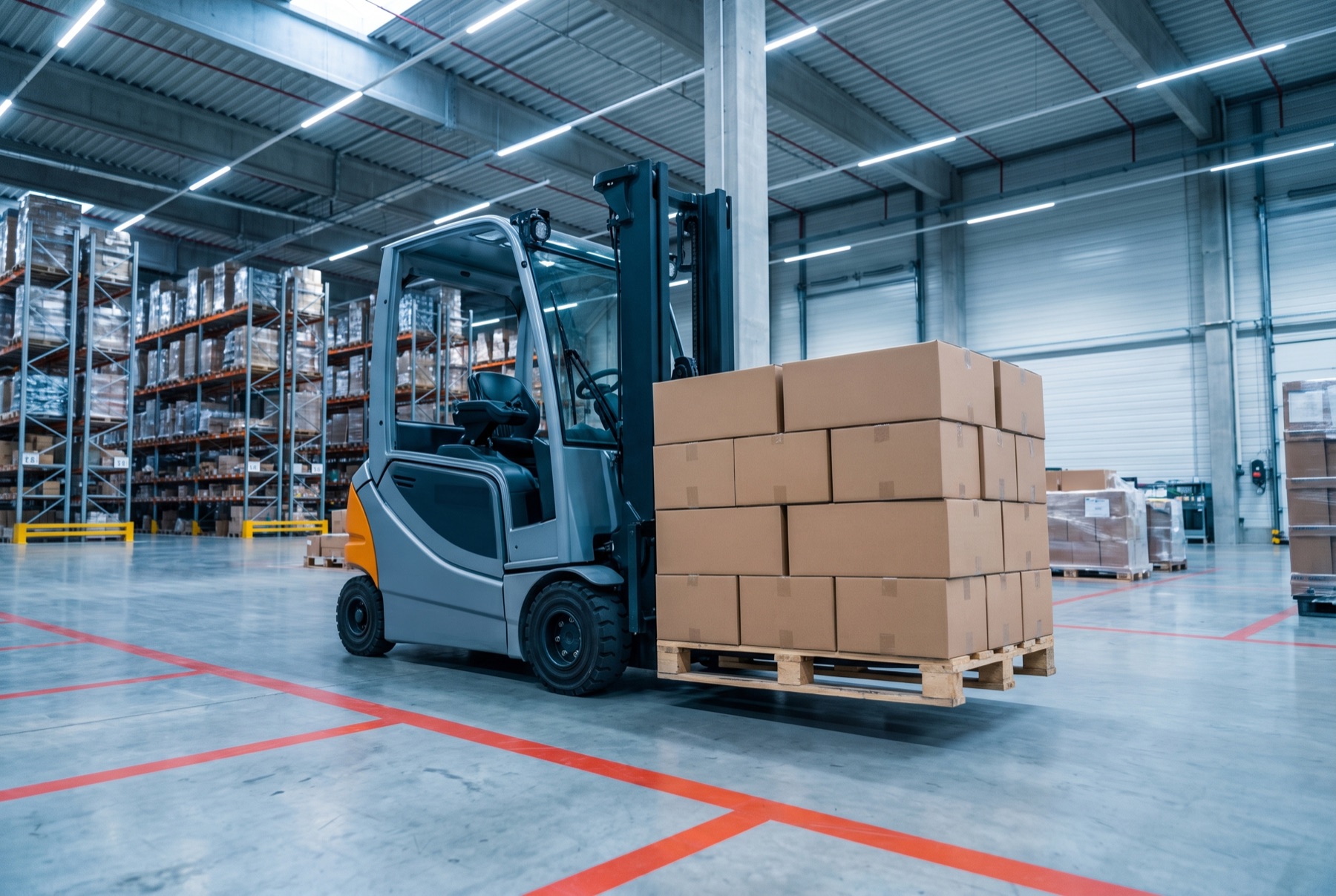 Elektrische heftruck met volle pallet dozen in de ontvangsthal