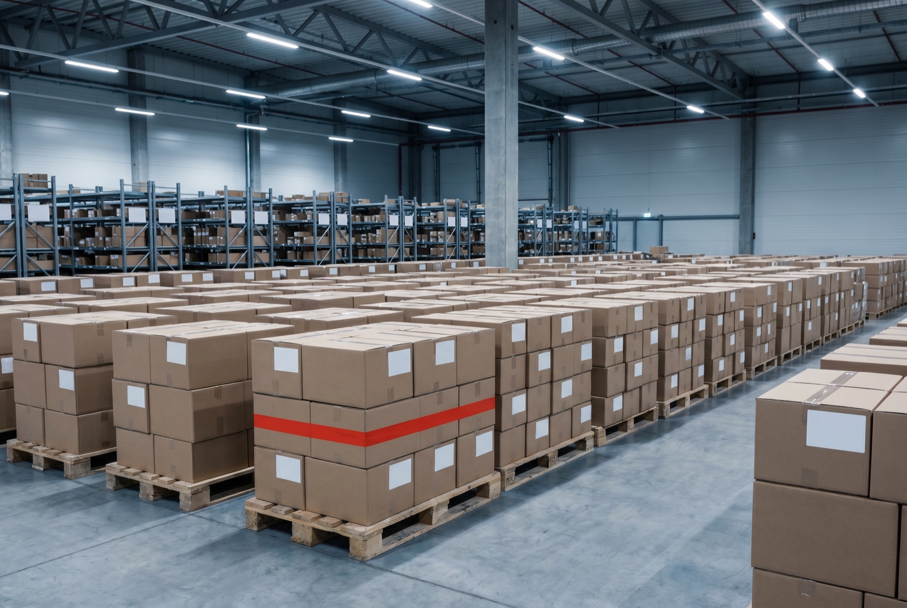 Rijen pallets met verzendklare gelabelde pakketten